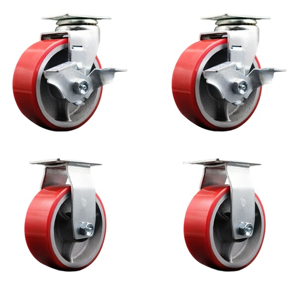 5 Inch Red Poly on Cast Iron Caster Set with Ball Bearings 2 Brakes 2 Rigid